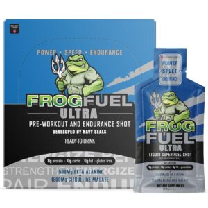 Frog Fuel Ultra Pre Workout Shot & Energy Gel with 1500mg Beta Alanine, Electrolytes 8g Protein Nano-Hydrolyzed Grass Fed Collagen, 10g Carbs, Gluten Free, Fat Free, Berry, 1.2 oz Packets, 24 Pack