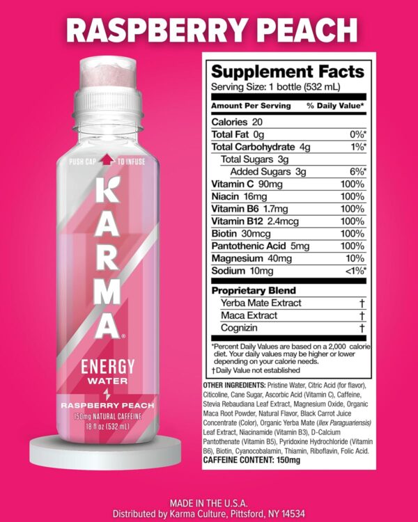 Karma Natural Energy Drink - 12 Pack, Raspberry Peach Caffeinated Water - Clean Focus & Energy Boost