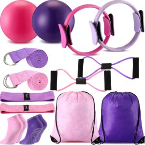 Poen 14 Pcs Pilates Ring and Ball Set for Women Pilates Ring Circle Ball with Stretching Strap 8 Resistance Bands Non Slip Socks Gym Back Bags Exercise Equipment for Workout