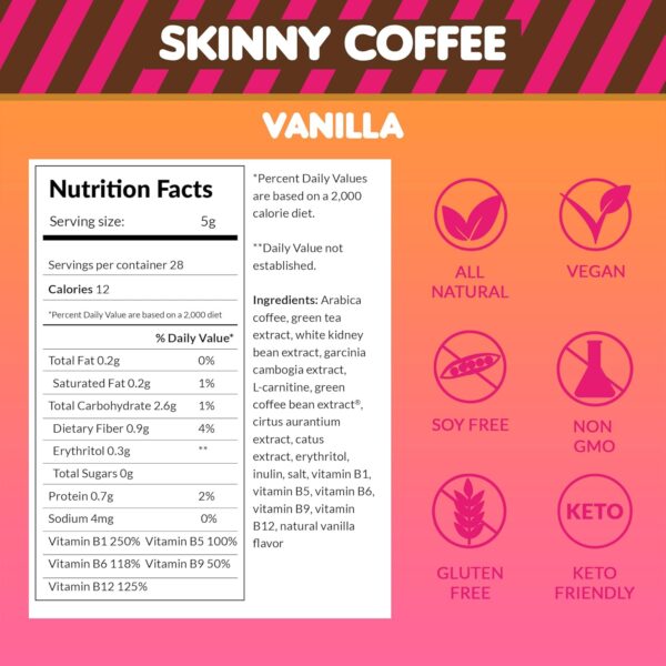 Skinny Boost Skinny Coffee- (Vanilla Flavored) Instant Coffee Made with Premium Arabica Coffee, Garcinia Cambogia, Green Tea Extract, Green Coffee Bean Extract, and Prebiotics (28 Packets)