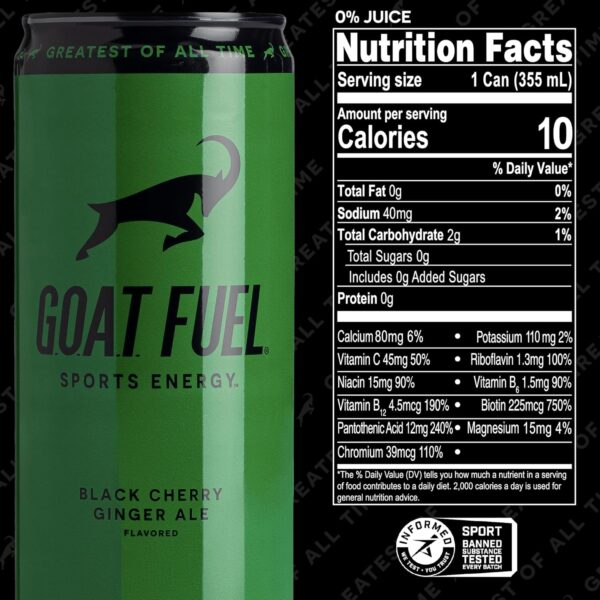G.O.A.T. Fuel Energy Drink, Natural Caffeine, Electrolytes, BCAAs, Cordyceps Mushrooms & Antioxidants, Lightly Carbonated Pre Workout & Sports Energy Drink, 12-Pack, 12 fl oz, Black Cherry Ginger Ale