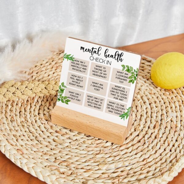 Mental Health Inspirational Gift, Positive Self Affirmations Wooden Sign, Mental Health Check in Wood Sign with Wooden Stand, Cheer Up Gifts for Psychologist School Counselor Student Boy Girl