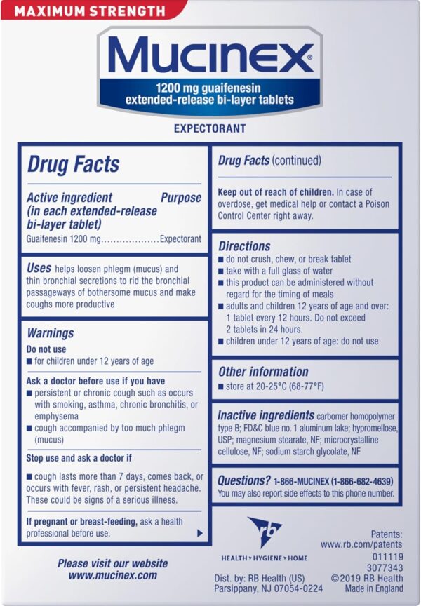 Mucinex 12 Hour 1200mg Maximum Strength Guaifenesin Chest Congestion & Mucus Relief, Guaifenesin Expectorant Aids Mucus Removal, Chest Decongestant for Adults, Dr Recommended, 42ct Tablets