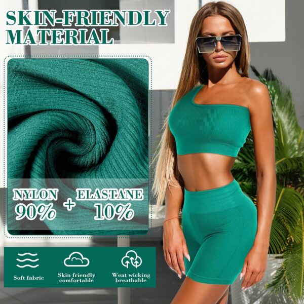 4 Pcs Women's Workout Sets Pilates Exercise Outfit Ribbed Scoop Neck Sports Bra Shorts Leggings Gym Clothes Set