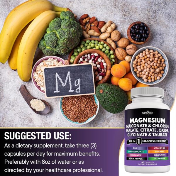 NEW AGE Magnesium Supplement -Powerful Glycinate Citrate Malate Oxide Taurate Aspartate Gluconate Orotate & Mag Chloride Manganese Bone Health and Bone Strength, Joint Support- 180 Count