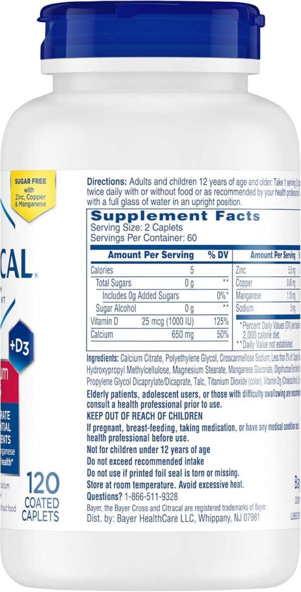 Citracal Maximum Plus, 650 mg Calcium Citrate, easily absorbed and highly soluble with 25 mcg (1000 IU) Vitamin D3, Bone Health Support, Calcium Supplement for Ages 12+, 120 Count
