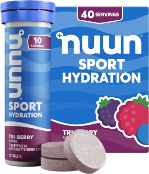 Nuun Sport Electrolyte Tablets - Dissolvable in Water, Tri Berry, 5 Essential Electrolytes for Hydration, 1g Sugar Drink Mix, Vegan, Non-GMO, 4 Pack (40 Total Servings)