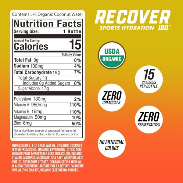 RECOVER 180 Organic Sports Hydration Drink, No Sugar Added, 15 Calorie Sports Beverage, Organic Flavors With Vitamins, Potassium-Packed Electrolytes (16.9 Fl Oz (Pack of 12), Peach Mango)