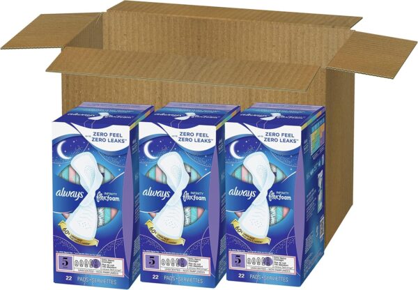Always Infinity Feminine Pads for Women, Size 5 Extra Heavy Overnight, with wings, unscented, 22 Count x 3 Packs (66ct Total)