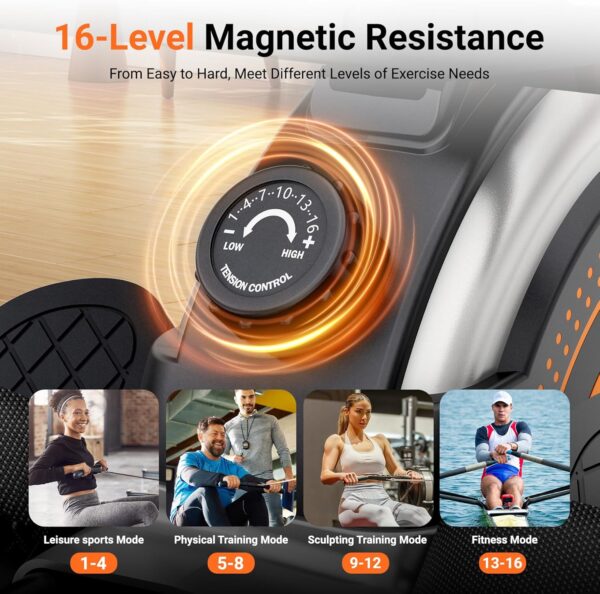 Dripex Rowing Machines for Home Use, Rowing Machine Max 350 LBS, Magnetic Rower with 16 Levels of Workout Resistance, Dual Slide Rail, Bluetooth App Supported, LCD Monitor,Row Machine for Gym Exercise