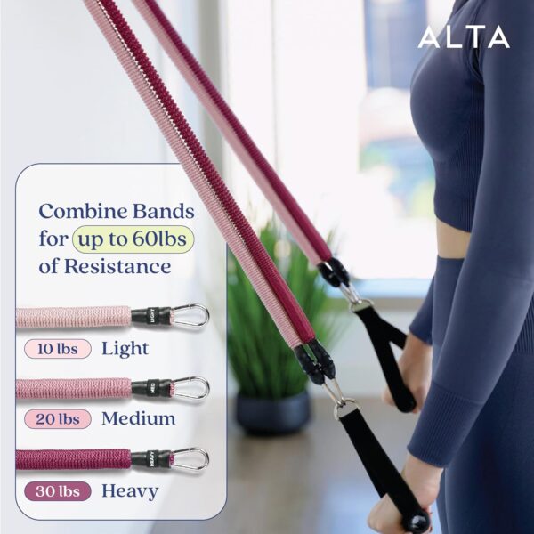 ALTA 'Never-Snap' Exercise Bands with Handles for Women - Full Kit Resistance Bands for Working Out with Handles, Resistance Tubes, Ankle Straps, Door Anchor, Fabric + Rubber Workout Bands Resistance