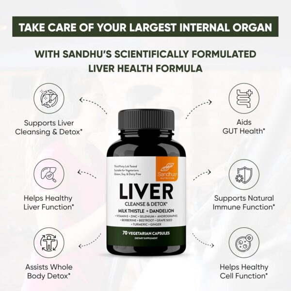 Sandhu's Liver Cleanse Detox & Repair Support | Supplement for Fatty Liver Health and Renew | 70 Veg Capsules | Milk Thistle Dandelion Root with 9 Herbal Minerals for Men & Women