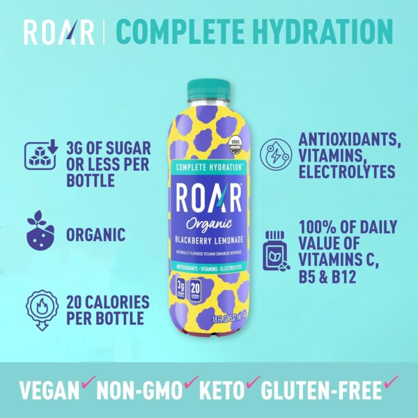 ROAR Complete Hydration Organic - Electrolyte Drinks Loaded with Vitamins C, B5, B12 - Non-GMO, Gluten-Free - Blackberry Lemonade - 12 pc