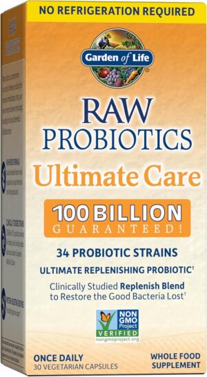 Raw Probiotics - 100 Billion CFU, Shelf Stable, 30 Capsules - For Men and Women, Digestive Enzymes, Clinically Studied Strains - by Garden of Life