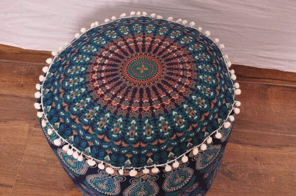 Indian Mandala Round Ottoman Pouf Cover Bohemian Floor Pillow Hippie Cotton Meditation Cushion Cover Seating Throw Decorative Footstool Kids Bean Bag Case