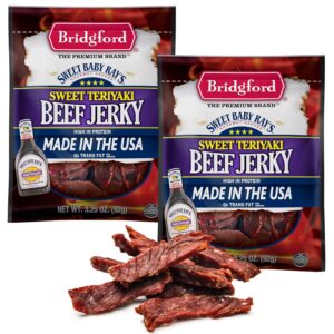 Bridgford Sweet Baby Ray’s Beef Jerky Sweet Teriyaki 3.25 oz Pack of 2 - High Protein Beef Jerky for Low Carb and High Protein Diets - Beef Jerky Teriyaki for On the Go Snacking and Busy Lifestyles