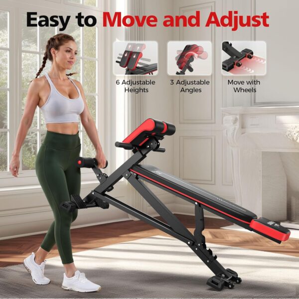 FLYBIRD 4 in 1 Workout Bench, Roman Chair, Weight Bench and Sit Up Bench for Hyper Back Extension and Full Body Workout with Handle, Abdomen core and Comprehensive Glute Training, Easy Moving wilth Wheels Home Gym Equipment