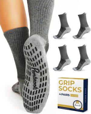 Pembrook 4 Pairs Crew Non Slip Socks - Gripper Socks for Men Women Husband Dad | Grippy Socks for Hospital Yoga Pilates Barre