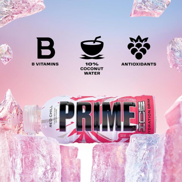 PRIME ICE Hydration RED CHILL, Sports Drinks, Electrolyte Enhanced for Ultimate Hydration, 250mg BCAAs, B Vitamins, Antioxidants, Low Sugar, 16.9 Fl Oz, 12 Pack