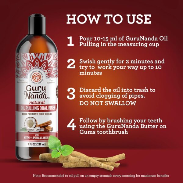 GuruNanda Ashwagandha Oil Pulling with Neem, & Pure Essential Oils (8 Fl Oz) - Ayurveda-Inspired Formula for Daily Oral Care - Alcohol & Fluoride Free