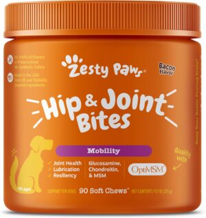 Zesty Paws Hip and Joint Supplement for Dogs - Glucosamine with Chondroitin, MSM, Vitamins C and E Dog Joint Relief - Mobility Bites Bacon – 90 Count