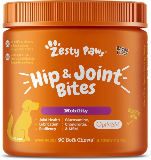 Zesty Paws Hip and Joint Supplement for Dogs - Glucosamine with Chondroitin, MSM, Vitamins C and E Dog Joint Relief - Mobility Bites Bacon – 90 Count
