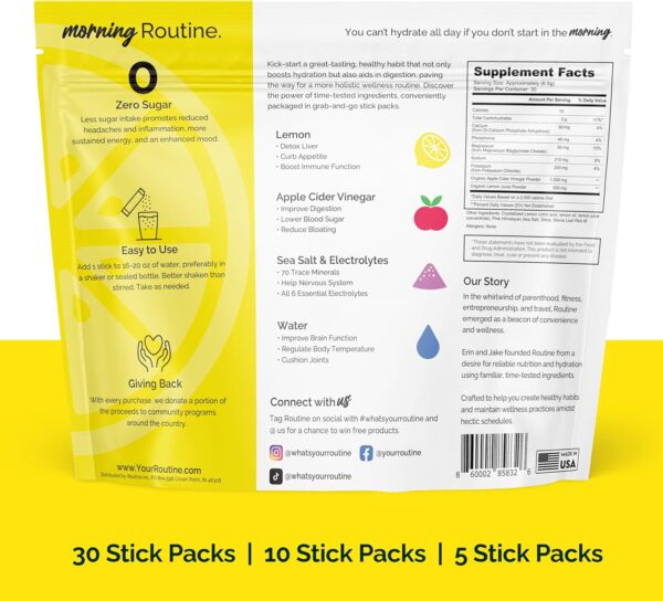 ROUTINE Morning Daily Hydration | Electrolyte Powder Packets with Apple Cider Vinegar, Lemon and Sea Salt | Hydrate Powder, Electrolyte Drink Mix | Keto & Paleo Electrolytes Hydration Powder - 30 ct