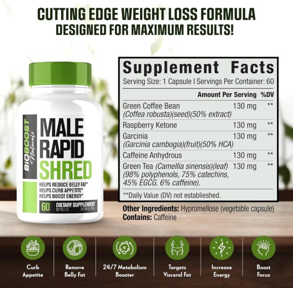 Rapid Shred | Fat Burner for Men Weight Loss Pills | Appetite Suppressant, Metabolism Booster, Carb Blocker | Extra Strength Supplement | Extra Strength Slimming Weight Loss Diet Pills - 60 Capsules