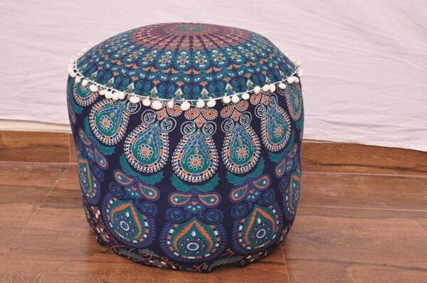Indian Mandala Round Ottoman Pouf Cover Bohemian Floor Pillow Hippie Cotton Meditation Cushion Cover Seating Throw Decorative Footstool Kids Bean Bag Case