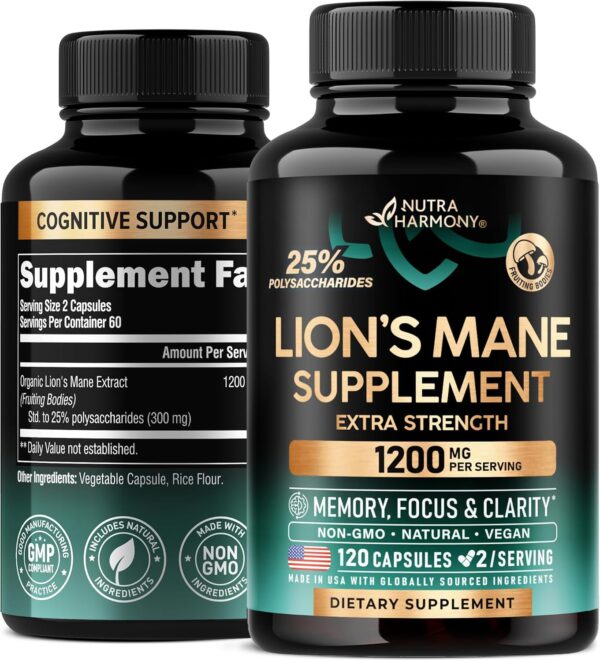 Lions Mane Supplement Capsules - Organic Lions Mane - Made in USA - Fruiting Bodies Extract - 1200 mg, 25% Polysaccharides - Memory & Focus Support - As Lions Powder - 120 Capsules, 2 Month Supply