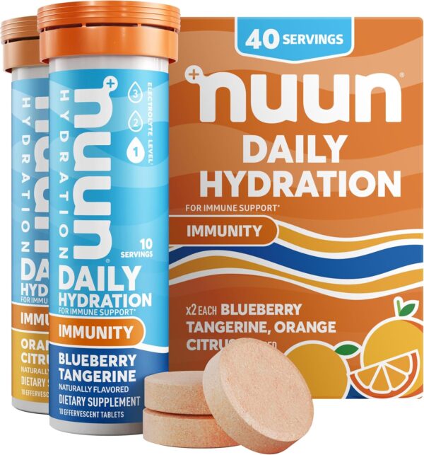 Nuun Hydration Immunity Electrolyte Tablets With 200mg Vitamin C, Blueberry Tangerine + Orange Citrus Flavors, 5 Essential Electrolytes for Hydration, Vegan, Non-GMO, 4 Pack (40 Servings)