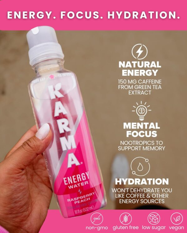 Karma Natural Energy Drink - 12 Pack, Raspberry Peach Caffeinated Water - Clean Focus & Energy Boost