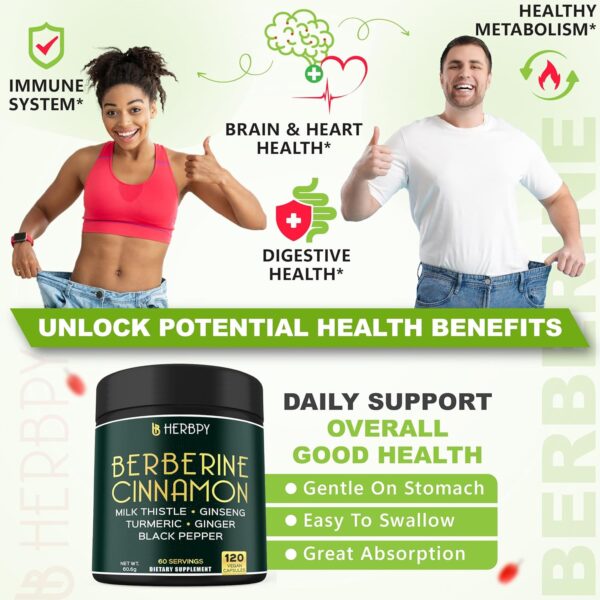 Berberine and Ceylon Cinnamon for Weight Management & Digestion, Heart Health & Immune - 7in1 with Premium Ginseng, Turmeric Curcumin, Ginger & Black Pepper - 120 Vegan Capsules