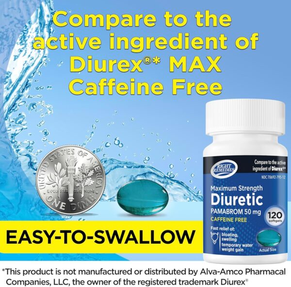 Maximum Strength Caffeine-Free Diuretic Softgels, (120 Softgels), Pambrom 50mg, Helps Relieve Heaviness Due to Water Weight gain