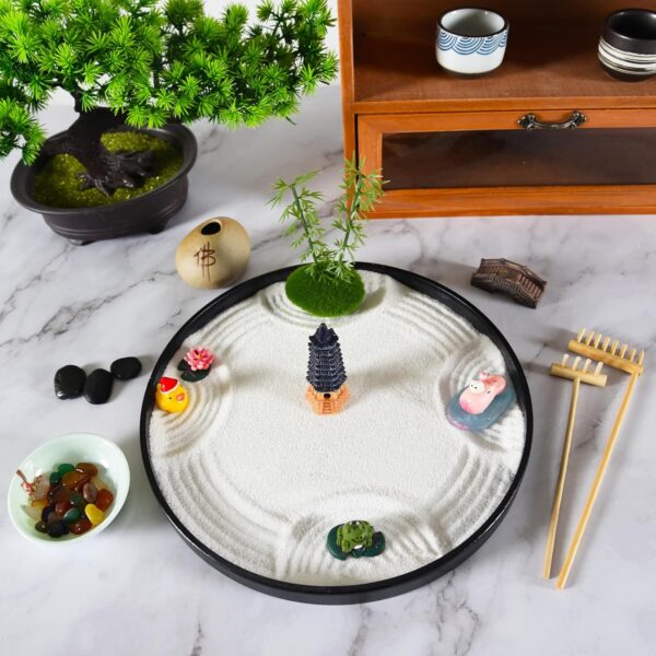 amberr Zen Garden for Desk - Premium Japanese Mini Sandbox Rock Garden Kit. Zen Sand Garden Mindfulness Gifts for Kids. Office Desk Accessories Meditation Room Decor Sand Tray Therapy Gift