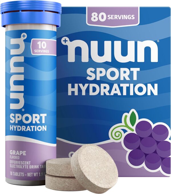 Nuun Sport Electrolyte Tablets - Dissolvable in Water, Grape, 5 Essential Electrolytes for Hydration, 1g Sugar Drink Mix, Vegan, Non-GMO, 8 Pack (80 Total Servings)