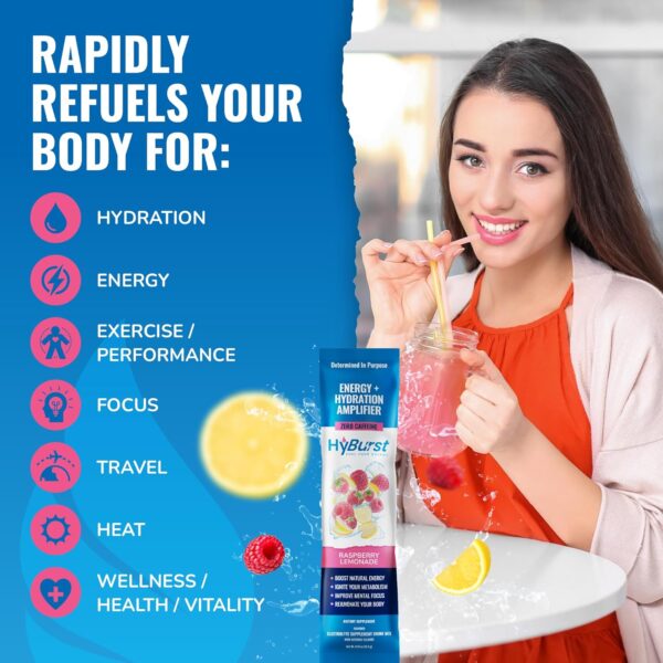 Hyburst Energy + Hydration Amplifier - Multivitamin Electrolyte Powder Packets with Vitamins D3 K2 & B6 B12 | L-Theanine, Cane Sugar, Caffeine Free Energy Drink Powder | Raspberry Lemonade, 15 Pack
