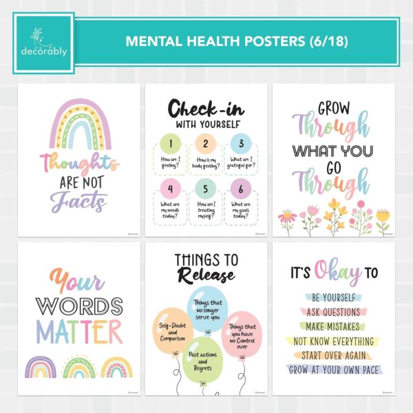 Decorably 18 Mental Health Posters for Classroom, 8x10in Matte-Laminated Inspirational School Psychologist Office Decor