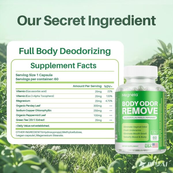 Body Deodorizing Supplement, Natural Internal Odor Control Pills for Men & Women, Chlorophyll Capsules for Skin, Breath, and Gut Health (60 Capsules)