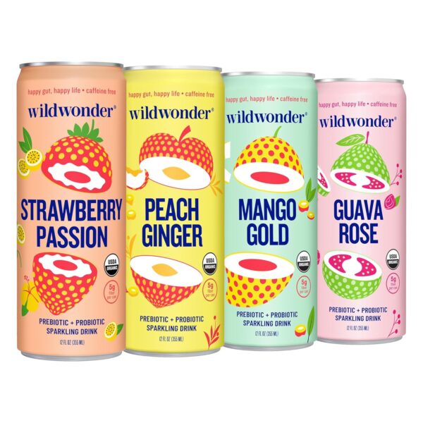 wildwonder Sparkling Probiotic Juice Drink w/Gut Health Immunity & Support 5g Fiber, Live Probiotics, Caffeine Free, Organic, Vegan, Low Sugar, 12pk 12oz, Classic Variety Pack, As Seen on Shark Tank