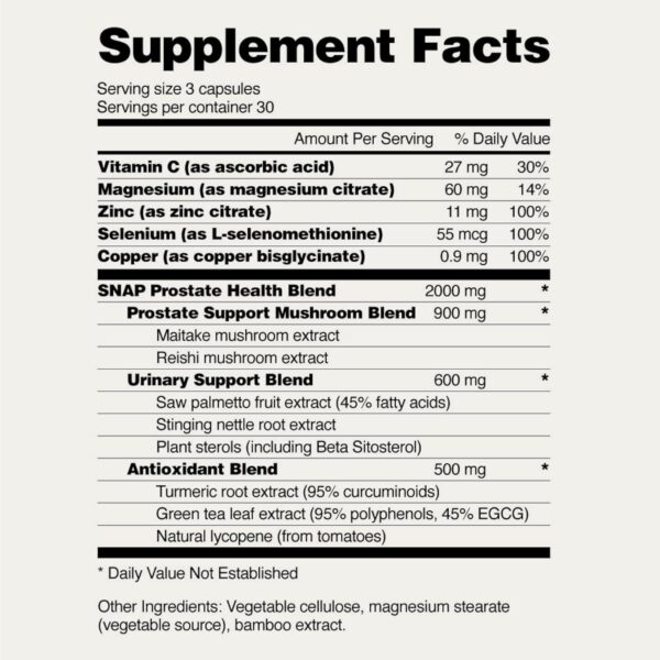 Snap Supplements Prostate Health Support Supplement, Saw Palmetto for Men Plus Stinging Nettle Root, Magnesium Citrate, Zinc and Plant Sterols, Supports Male Urinary Tract Health, 90 Capsules