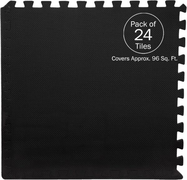 EVA Foam Mat Tiles 24-Pack - 96 SQ FT of Interlocking Padding for Garage, Playroom, or Gym Flooring - Exercise Mat or Baby Playmat by Stalwart (Black)