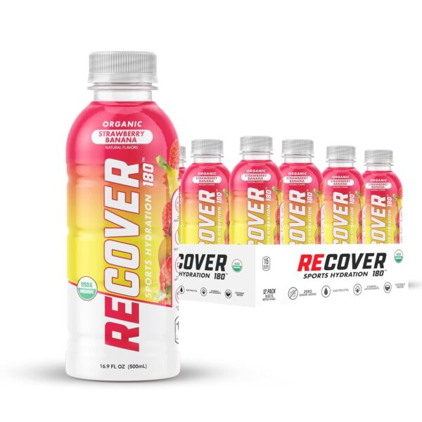 RECOVER 180 Organic Sports Hydration Drink, No Sugar Added, 15 Calorie Sports Beverage, Organic Flavors With Vitamins, Potassium-Packed Electrolytes (16.9 Fl Oz (Pack of 12), Strawberry Banana)