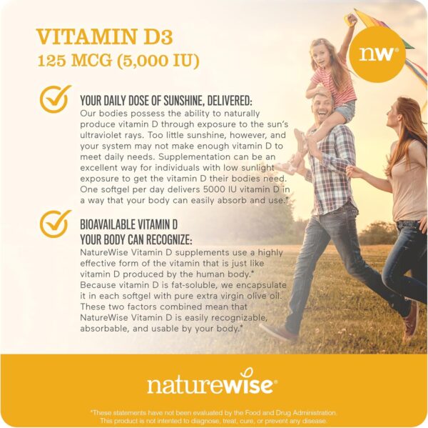 NatureWise Vitamin D3 5000iu (125 mcg) 200-Day Supply for Immune Support, Healthy Muscle Function, and Bone Health - Non-GMO, Gluten Free in Organic Extra Virgin Olive Oil, (Mini Softgel), 200 Count