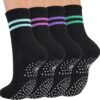 Toes Home Pilates Socks for Women with Non Slip Grippers, Yoga Crew Socks for Barre Hospital Sticky Slipper Socks 4 Pairs