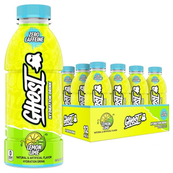 GHOST Hydration Drink, Lemon Lime - RTD Sports Drinks with Electrolytes for Hydration - Beverage for Athletes - Zero Caffeine & Zero Sugars - 16.9 Fl Oz, 12 Pack