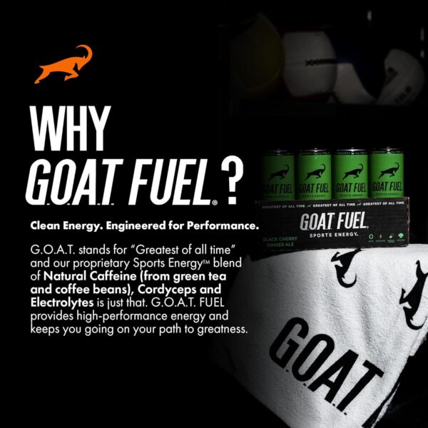 G.O.A.T. Fuel Energy Drink, Natural Caffeine, Electrolytes, BCAAs, Cordyceps Mushrooms & Antioxidants, Lightly Carbonated Pre Workout & Sports Energy Drink, 12-Pack, 12 fl oz, Black Cherry Ginger Ale