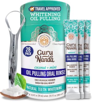 GuruNanda Travel Sachets Coconut Oil Pulling, Fresh Breath & Whitening Mouthwash, 7 Essential Oils & Vitamins for Happy Teeth & Gums, 28 Sachets