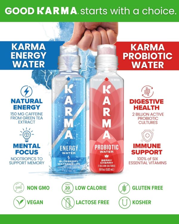 Karma Natural Energy Drink - 12 Pack, Raspberry Peach Caffeinated Water - Clean Focus & Energy Boost