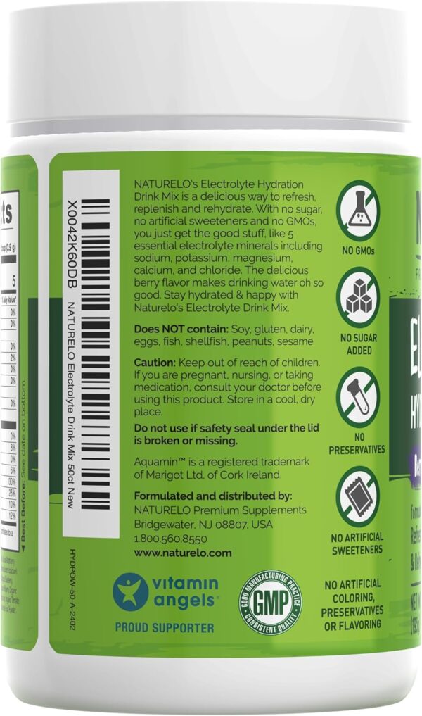 NATURELO Electrolyte Powder, Hydration and Mineral Drink Mix, Sugar Free & Non-GMO Berry Flavor 50 Servings